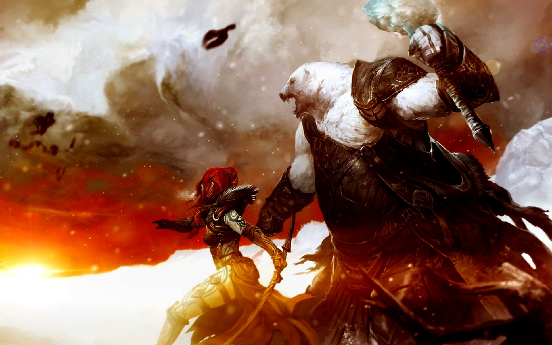 A dynamic scene from the video game Guild Wars, featuring a fierce warrior and a towering giant battling against a dramatic, fiery backdrop.