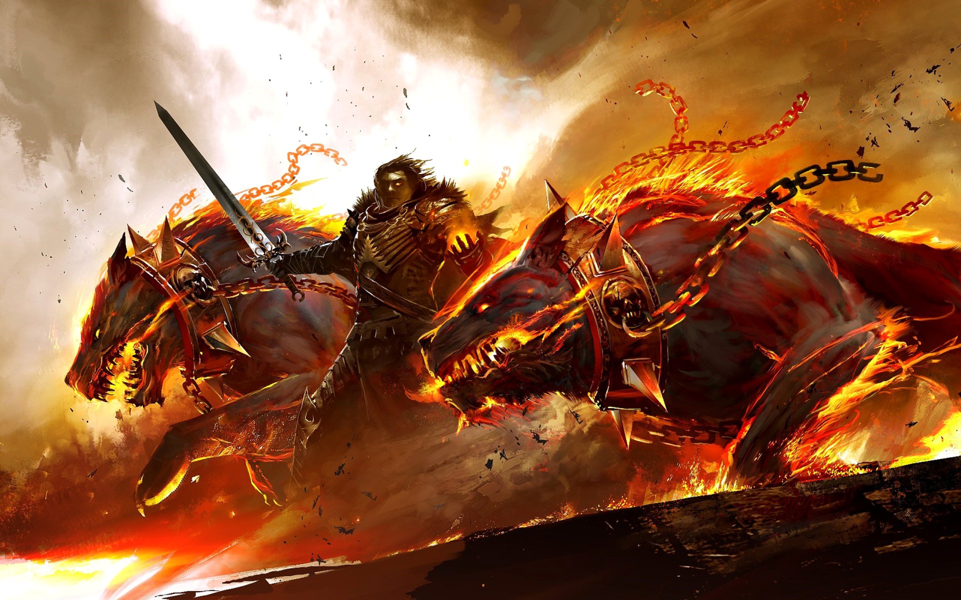 A warrior wielding a sword stands fiercely between two flaming hounds in a dramatic scene from the video game Guild Wars, embodying power and intensity amidst a fiery backdrop.