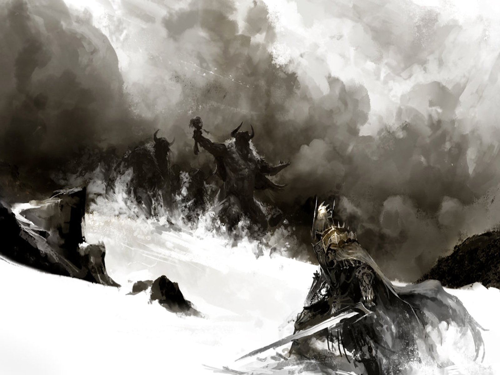 A dramatic scene from the video game Guild Wars, featuring a lone warrior in armor facing shadowy figures against a stormy, monochrome backdrop.