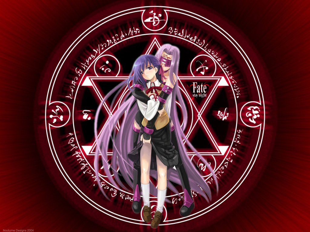 Fate/Stay Night anime illustration: two characters—a long purple‑haired girl embracing a masked companion—stand before a glowing red magic circle inscribed with runes and a pentagram.