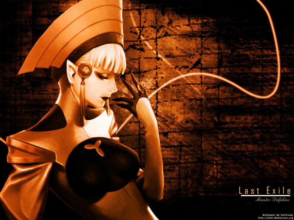Anime — Last Exile: stylized female figure with white hair and ornate hat, wearing an earpiece, posed against a grungy orange-brown textured backdrop.
