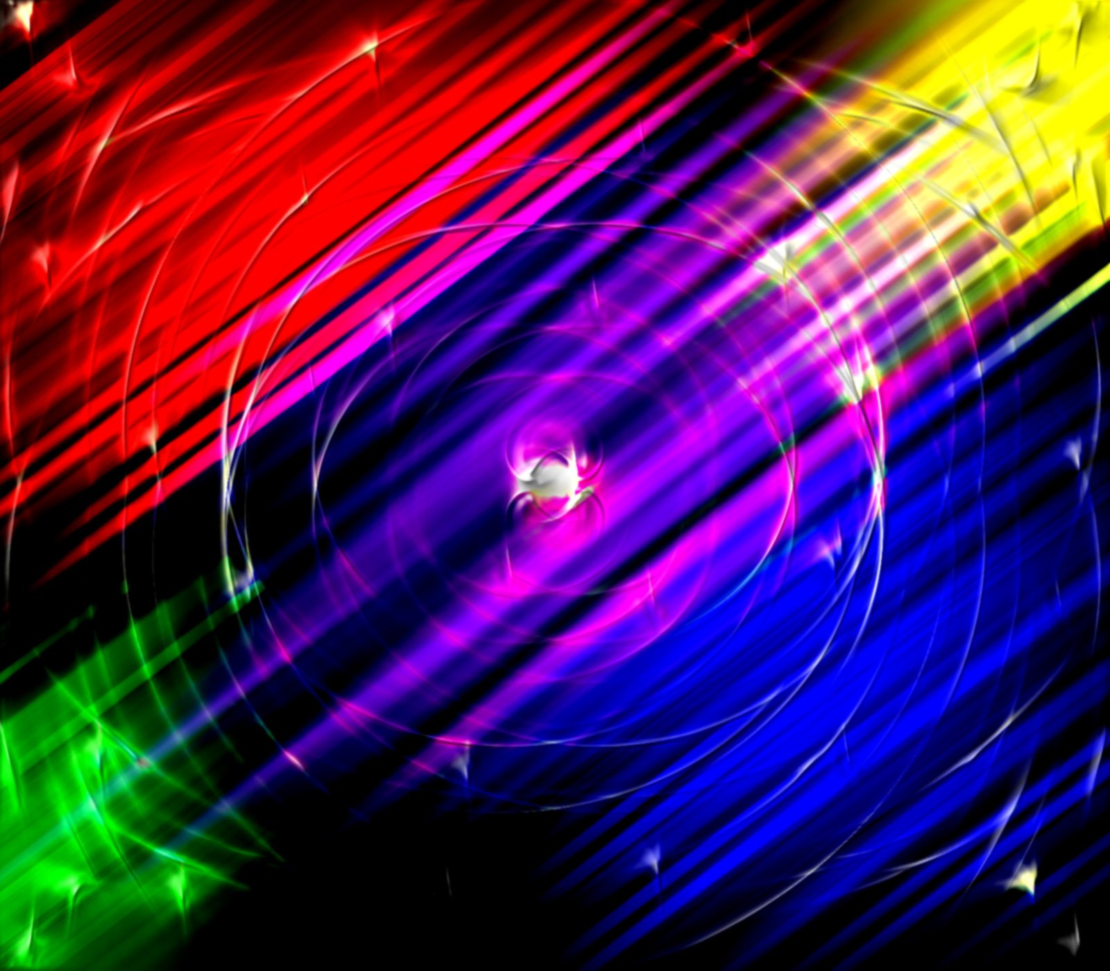 Abstract digital art: diagonal neon streaks of red, yellow, green, blue and purple converging into a glowing central vortex with circular ripples and scattered star-like sparks.
