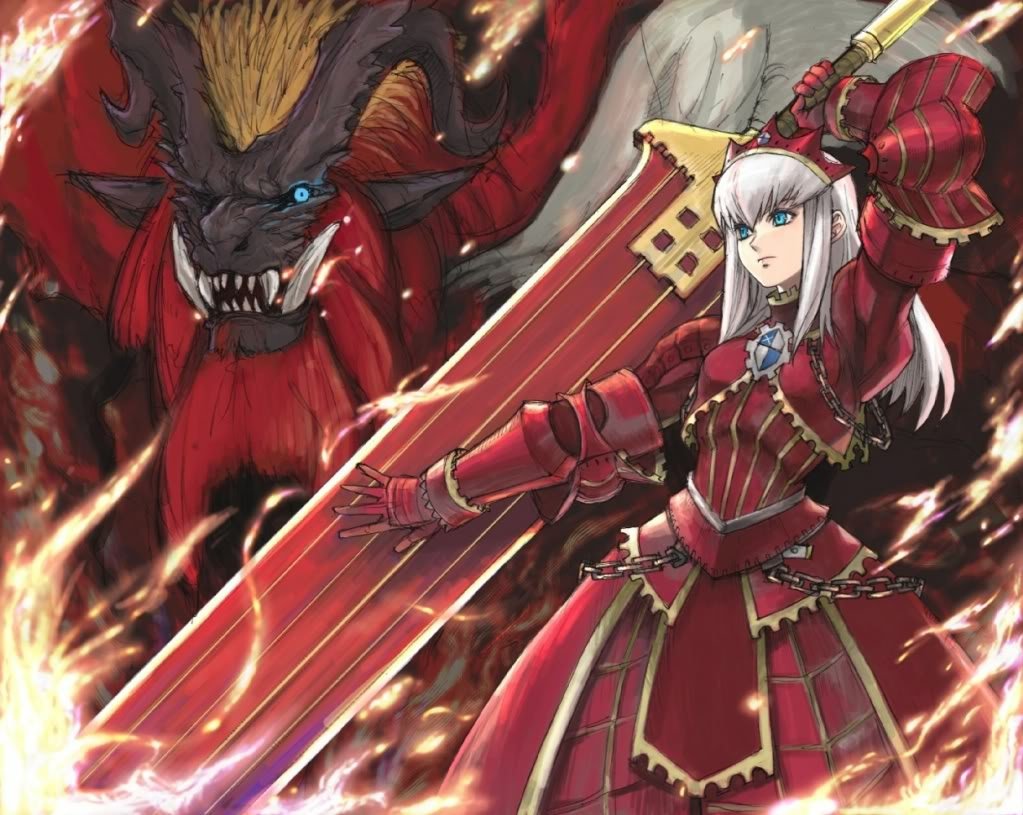 Monster Hunter video game art: a crimson-armored female hunter wielding a massive flaming greatsword while a snarling red wyvern looms behind her.