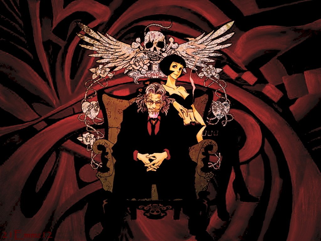 Silvers Rayleigh from the anime One Piece sits confidently in an ornate chair, surrounded by intricate designs, skulls, and wings, embodying a powerful and mysterious aura.