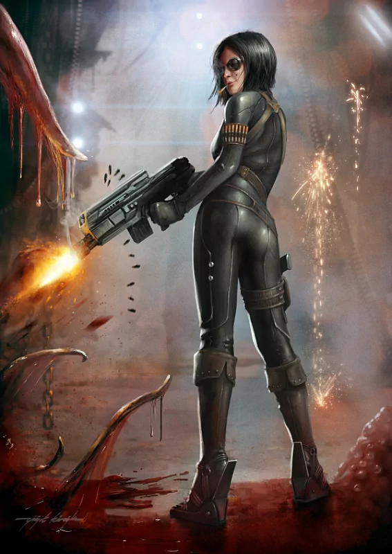 A sci-fi woman in a sleek black suit fires a futuristic weapon at monstrous tentacles in a dark, industrial setting filled with sparks and debris.
