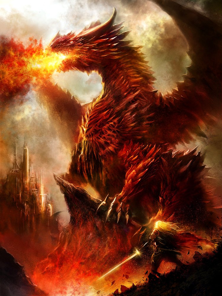 A fierce dragon breathes fire, towering over a warrior wielding a sword. The fiery scene captures a dynamic clash in a fantastical landscape, evoking a thrilling fantasy adventure.