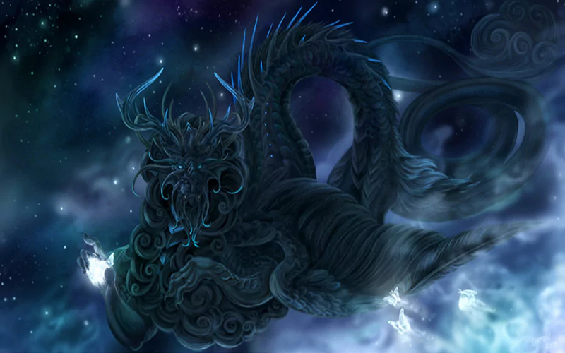 A majestic Chinese dragon, depicted as a powerful deity, weaves through a mystical night sky filled with swirling clouds and stars, embodying fantasy and ancient mythology.