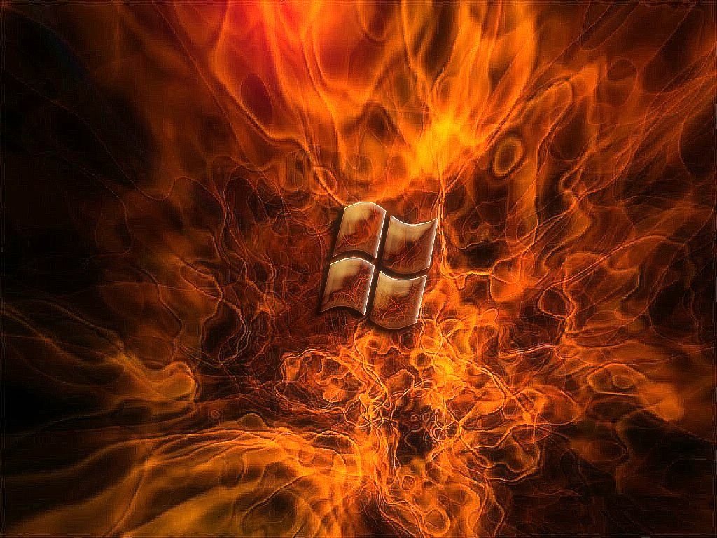 A fiery, abstract digital design featuring the Windows logo at the center, blending technology and product themes with dynamic orange and red flames.