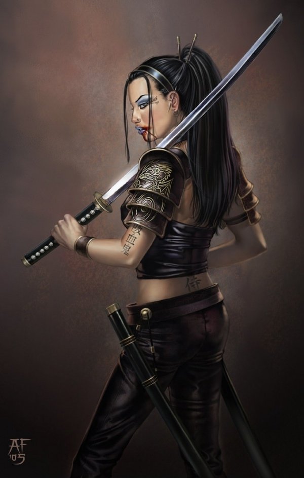 A fantasy vampire warrior with long dark hair, intricate armor, and tattoos, gripping a katana sword ready for battle.
