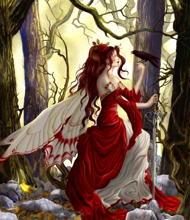 A fairy in a flowing red and white gown, adorned with intricate wings, stands among twisted trees, holding a raven and a sword, captured in a magical, fantasy-inspired scene.
