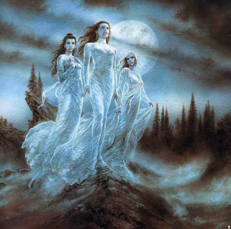 Three ethereal figures in flowing white gowns move through a dark gothic landscape, illuminated by a full moon, evoking a haunting, vampire-like ambiance.