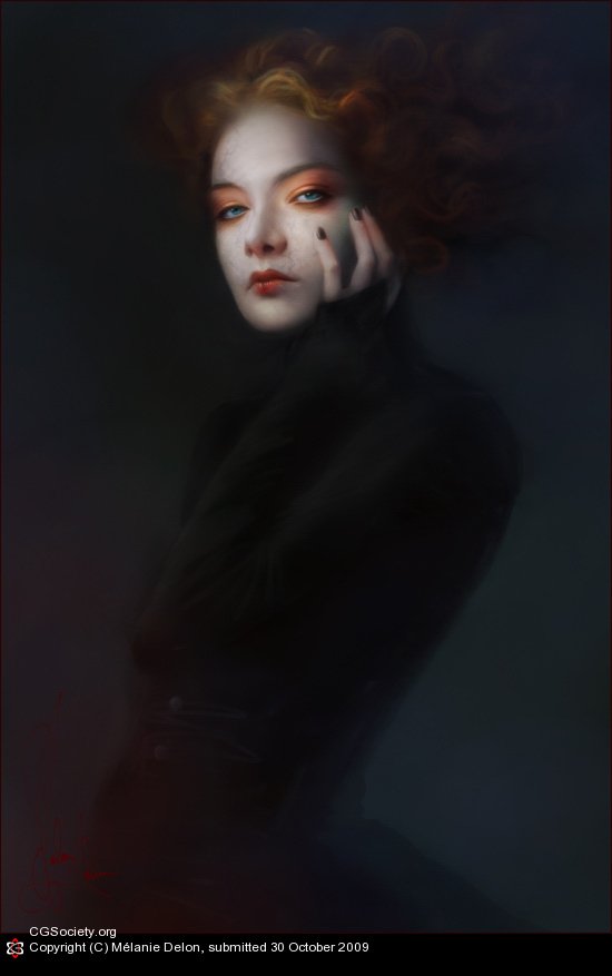 A fantasy-inspired portrait of a woman with pale skin, striking orange eyeshadow, and flowing red hair against a dark, blurred background.