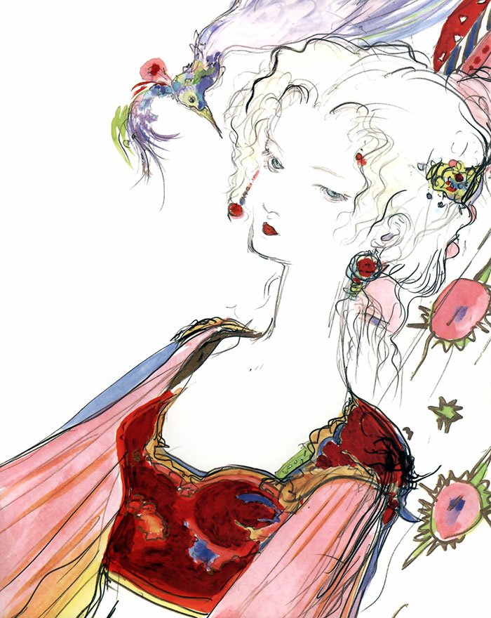 Illustration of Terra Branford from the video game Final Fantasy VI, featuring delicate watercolor-style lines and a colorful bird hovering near her head.