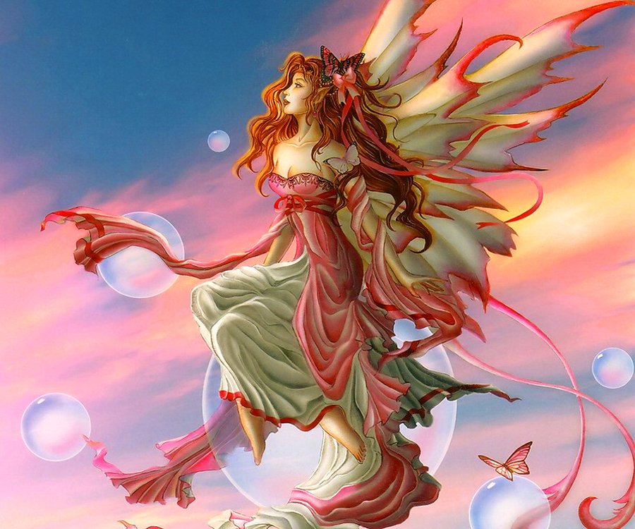 A graceful fairy with delicate wings floats amidst colorful bubbles and soft pastel skies, embodying a vibrant sense of fantasy and enchantment.