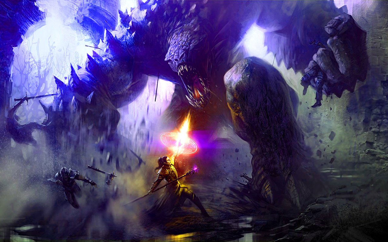 A dark, towering monster looms menacingly, surrounded by warriors wielding glowing weapons in a dramatic clash of light and shadow. The atmosphere is charged with tension and fantasy.