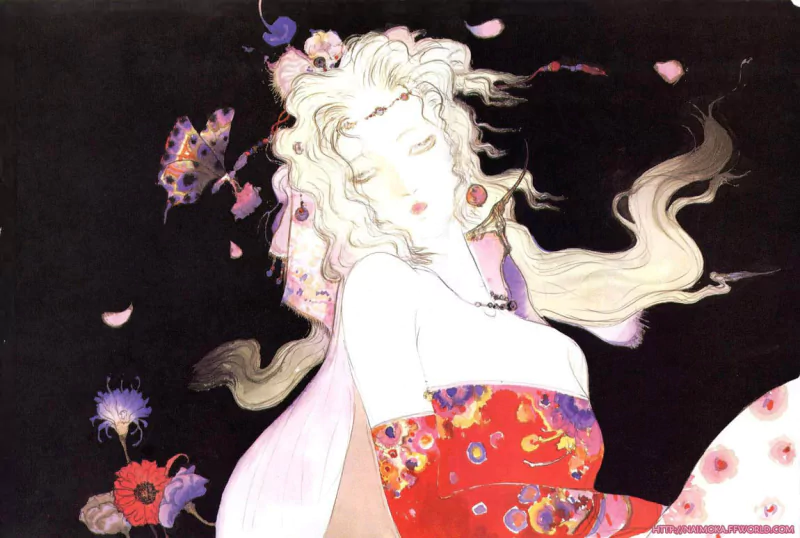 Artwork of Terra Branford from the video game Final Fantasy VI, featuring her with flowing blonde hair, floral patterns, and butterflies against a dark background.