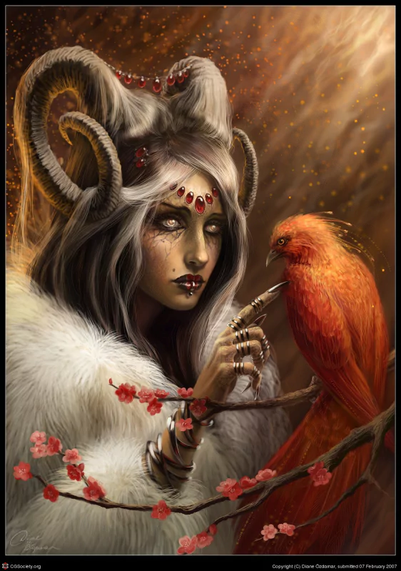 A fantasy woman with curled horns, adorned with red jewels, touches a vibrant orange bird perched on a flowering branch in a mystical, glowing environment.