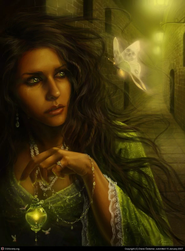 A fantasy woman with flowing dark hair and emerald gown clutches a glowing pendant while a luminous moth-like fairy drifts through a misty, lantern-lit stone alley.