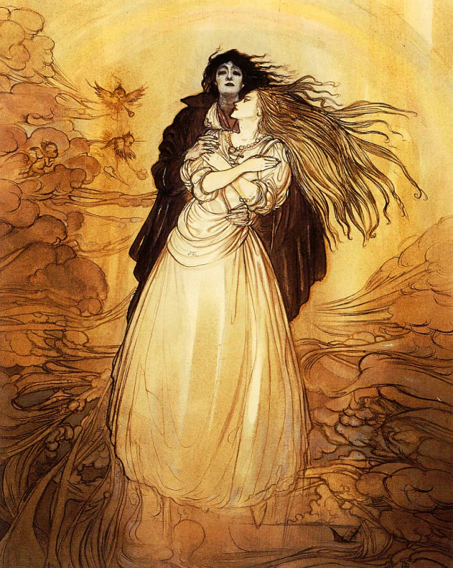 A fantasy scene featuring a woman in a flowing white dress embraced by a dark-cloaked figure, surrounded by ethereal golden light and swirling mist.