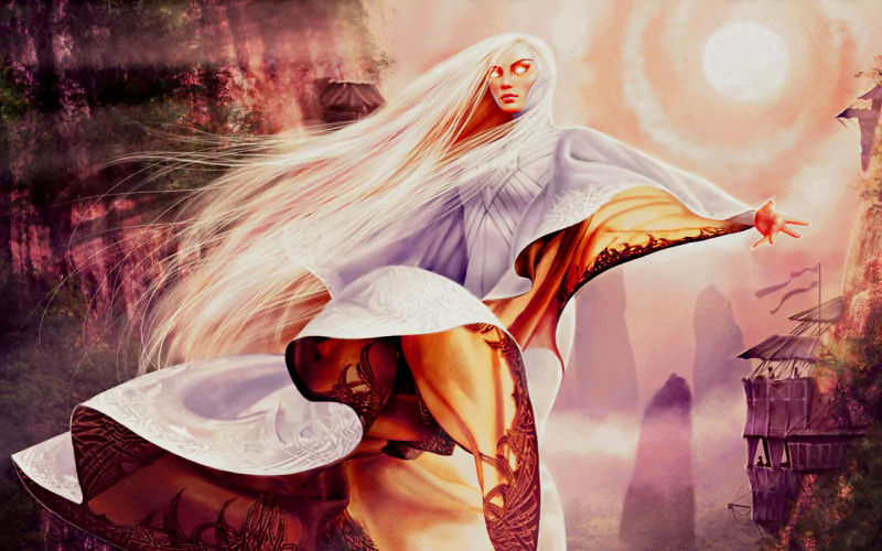 A mystical figure with long white hair, embodying a magician or witch, casts spells in a fantastical landscape, inspired by Magic: The Gathering. Ethereal light illuminates the scene.