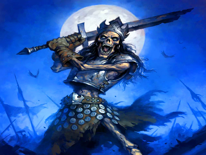 A skeletal warrior brandishes a sword under a full moon, surrounded by a dark and atmospheric fantasy landscape. Shadows and distant battle flags create an eerie ambiance.