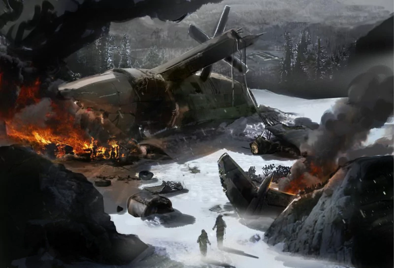 Snowbound plane wreck burns amid rocky terrain as two silhouetted figures approach the smoldering debris — atmospheric Resident Evil video game scene.
