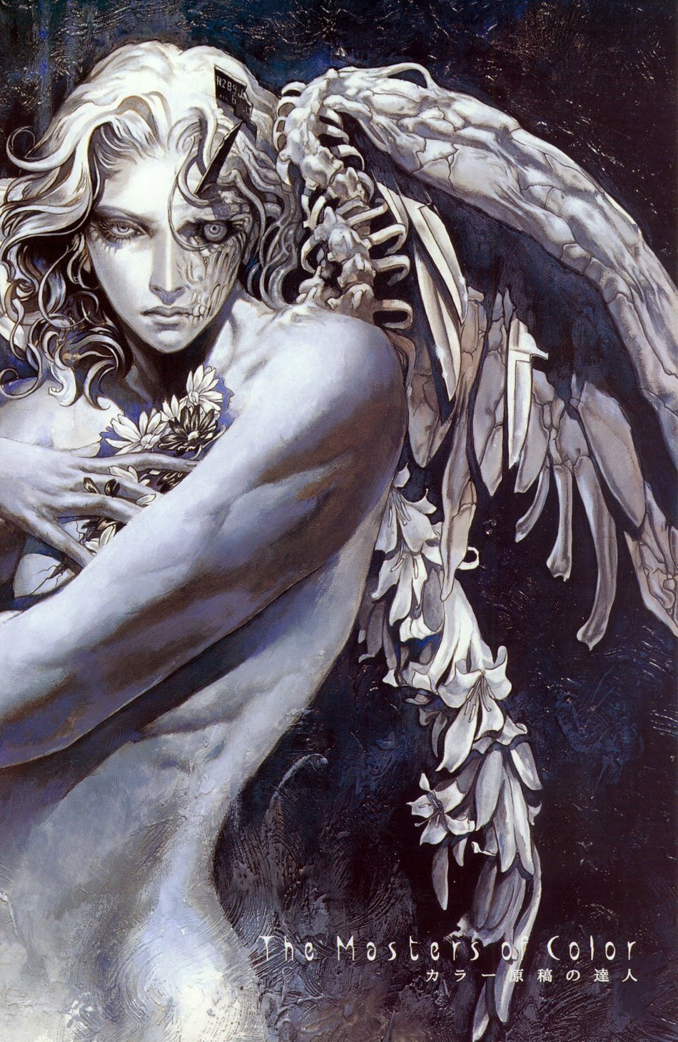 A dark angel figure stands with a pensive look, adorned with intricate wings and delicate flowers, blending ethereal beauty with an aura of mystery.