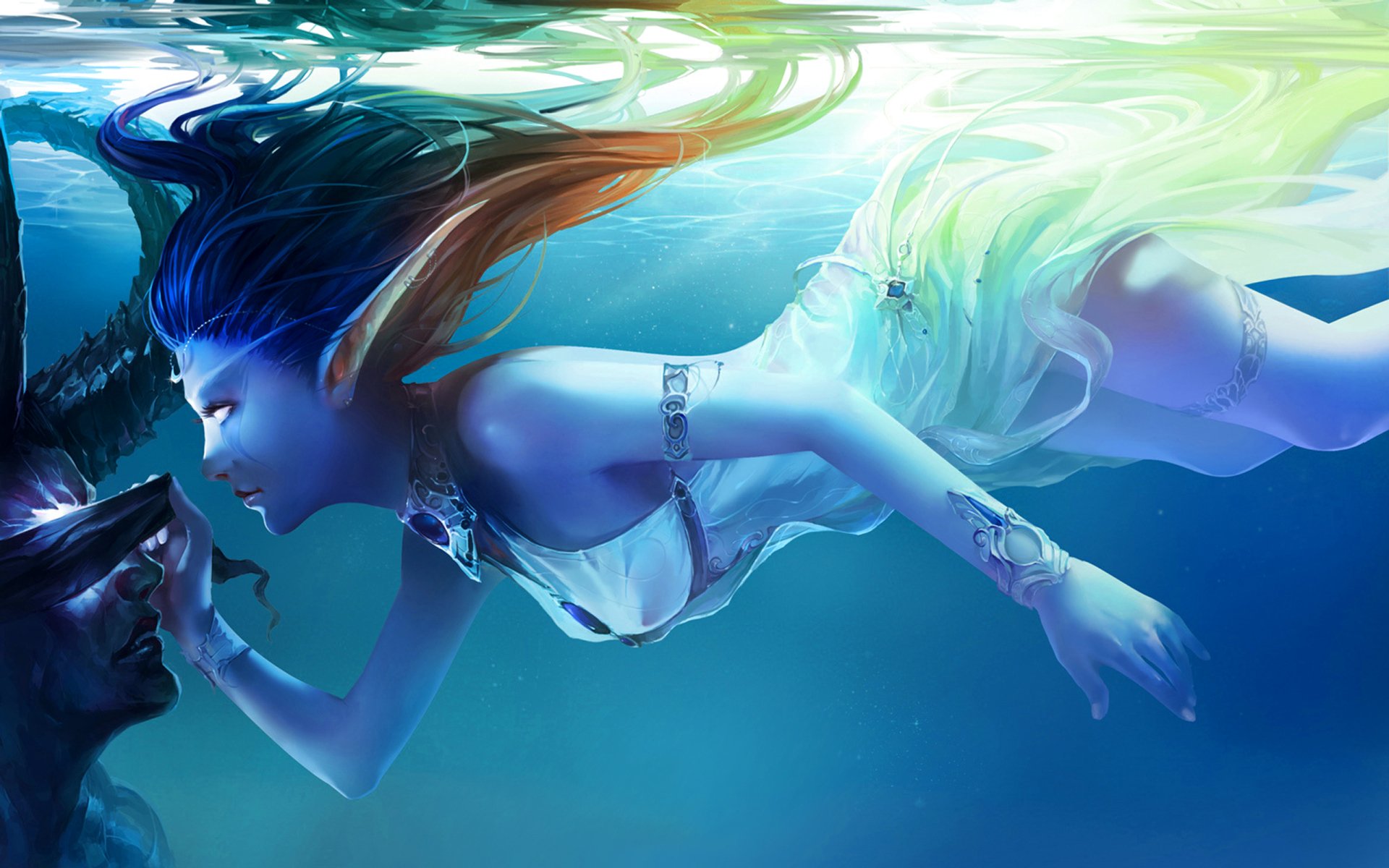 An ethereal elf swims gracefully underwater, her flowing hair and shimmering attire blending with the enchanting blue hues of the fantasy realm surrounding her.