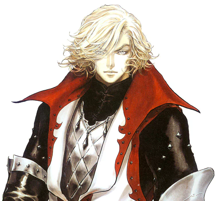 Illustration of a blonde-haired character in a detailed red and black outfit from the Castlevania video game series.