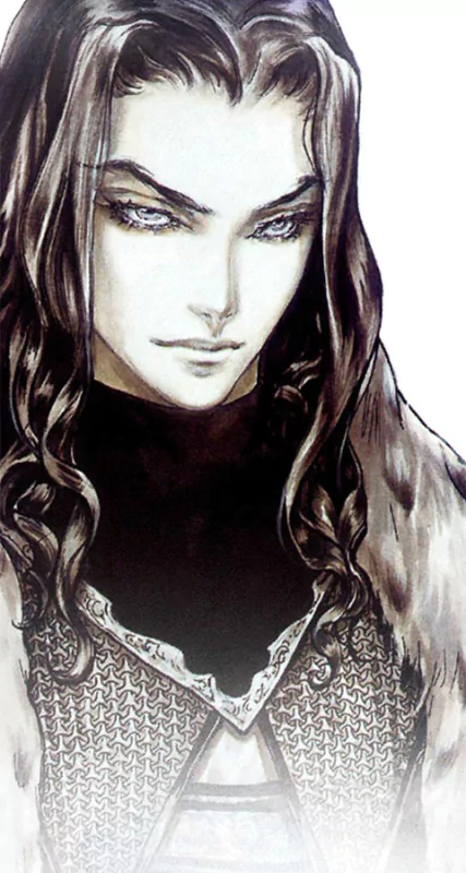 Artwork of a character with long, dark hair and piercing eyes from the video game Castlevania, featuring detailed armor and a dark, intense expression.