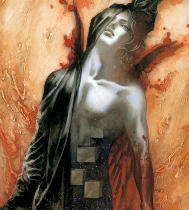 Dark-themed artwork depicting a man with an ethereal, pale upper body contrasted by shadowy elements and geometric shapes, set against a fiery, textured background.