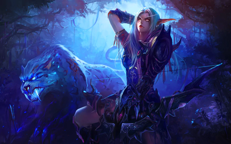 An elven warrior stands dramatically in a mystical forest, accompanied by a fierce blue-furred beast, embodying the epic fantasy style of the Warcraft video game series.