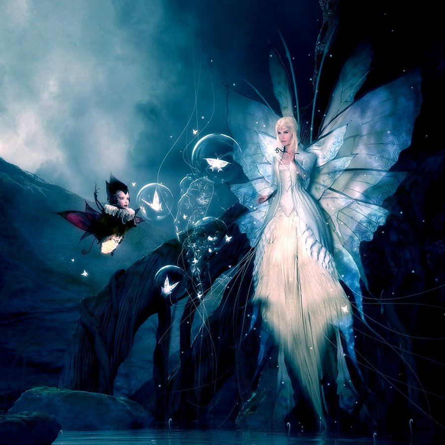 A mystical fairy scene unfolds in a dark, enchanting landscape, featuring a graceful fairy with translucent wings and a smaller companion, surrounded by glowing orbs and ethereal elements.