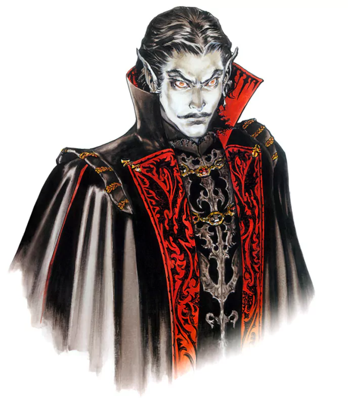 Portrait of Dracula from the video game Castlevania, featuring his pale skin, intense gaze, and ornate black and red vampire attire.