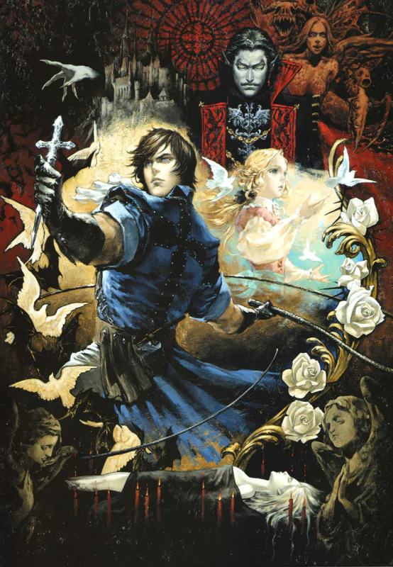 Artwork from the video game Castlevania, featuring a heroic character wielding a cross amidst gothic elements and haunting figures in a dark, dramatic scene.