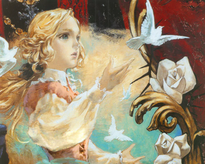 Artwork of a young blonde girl releasing white doves, with ornate details and roses, evoking the gothic fantasy style of the Castlevania video game series.