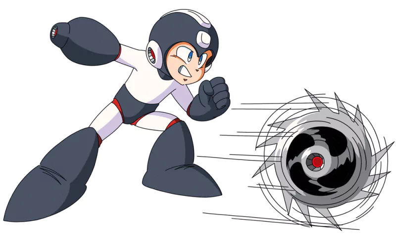 Mega Man from the video game series lunges forward, firing a spinning circular-saw projectile.