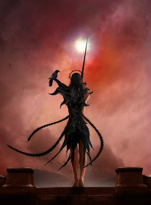 A dark fantasy scene featuring a figure in a spiky black outfit, holding a sword and a raven, standing against a backdrop of swirling red clouds illuminated by a bright sun.