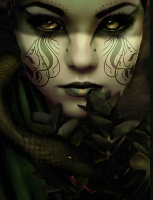 A haunting portrait of a figure with intricate facial markings, dark eyes, and a snake entwined around dark foliage, embodies a captivating blend of fantasy and darkness.