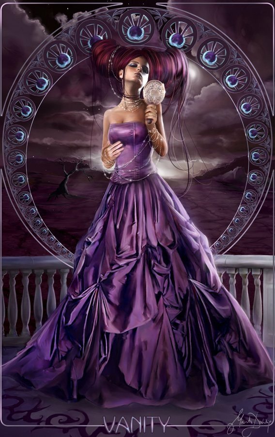 A fantasy woman in an elaborate purple gown stands on a balcony, holding a mirror, framed by a glowing circular design under a stormy sky.