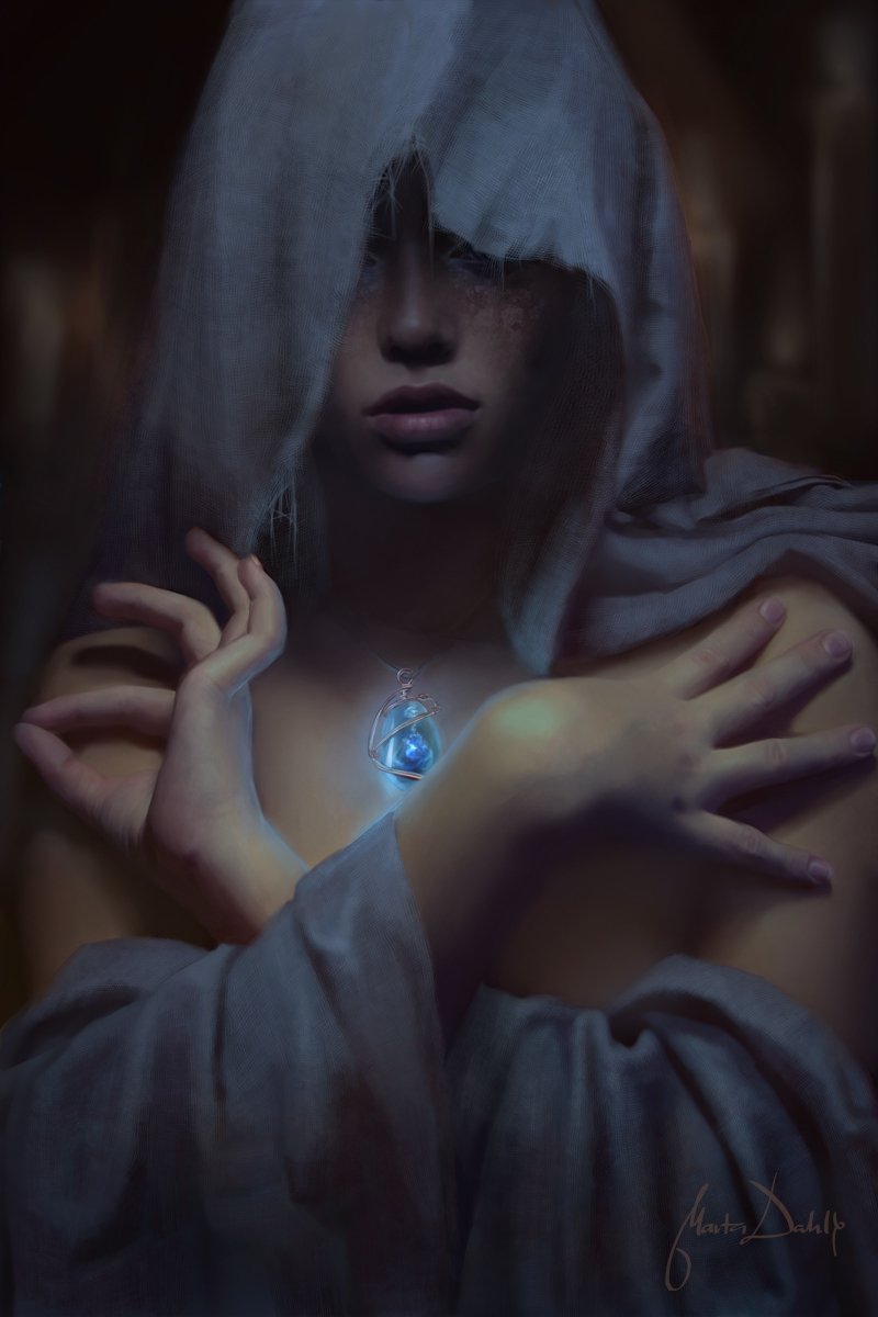 A mysterious fantasy woman with a hooded cloak cradles a glowing blue pendant, her crossed hands and shadowed face adding an air of enchantment and secrecy.