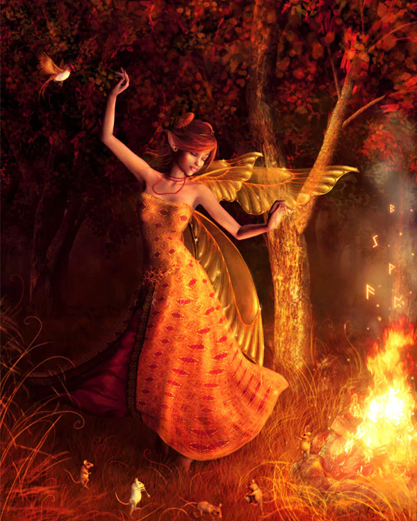 A graceful fairy dances in a vibrant, enchanted forest, surrounded by autumn colors and glowing flames, capturing the essence of fantasy and magic.