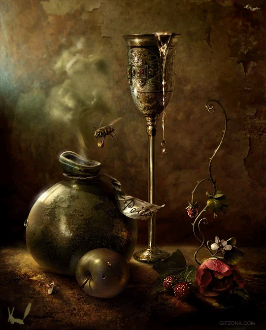 An abstract artistic composition featuring a golden goblet, a smoky pot, and delicate flowers, harmoniously blending natural and ornate elements.