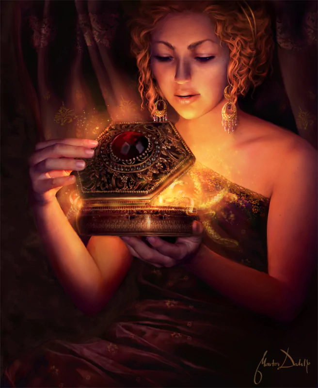 A fantasy woman opens an ornate jewel-encrusted chest; warm golden light and sparks pour out, illuminating her awed face and braided hair.