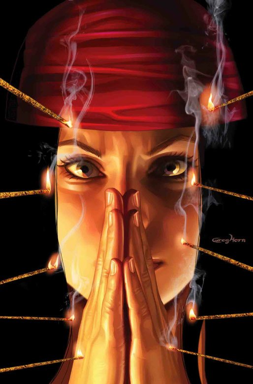 Elektra, a character from Marvel Comics, is depicted with a focused expression, hands clasped in prayer, surrounded by glowing matches and wisps of smoke, highlighting her intense presence.