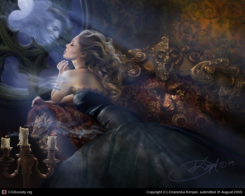A fantasy scene featuring a woman in an elegant dark gown, surrounded by glowing candles and ethereal, ghostly figures in a richly decorated room.