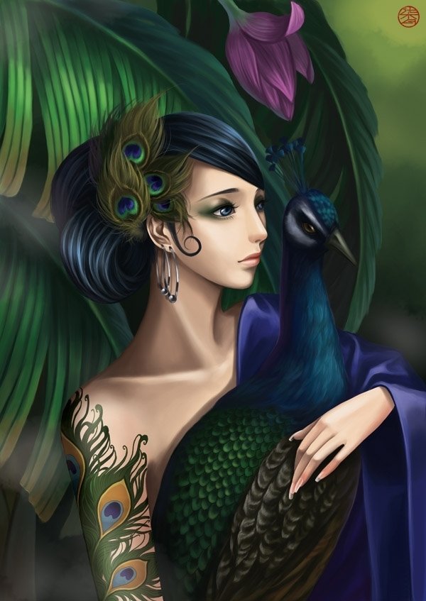 A fantasy artistic depiction of a woman with peacock feather accents, cradling a peacock while surrounded by lush foliage and vibrant flowers, evoking a sense of enchantment.
