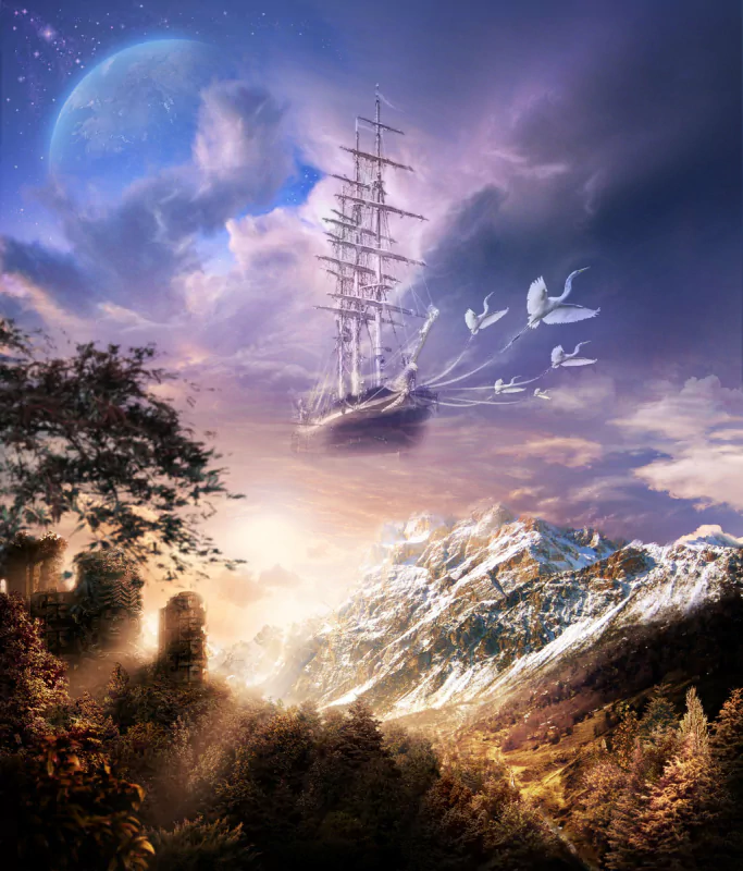 A fantastical ship floats above majestic mountains, surrounded by ethereal clouds and a vibrant sky, evoking a sense of adventure in a magical realm.