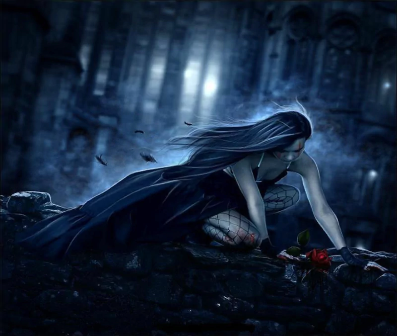A figure in a dark, flowing dress kneels among ruins, reaching for a red rose. The eerie atmosphere is enhanced by mist and shadows, embodying a captivating fantasy.