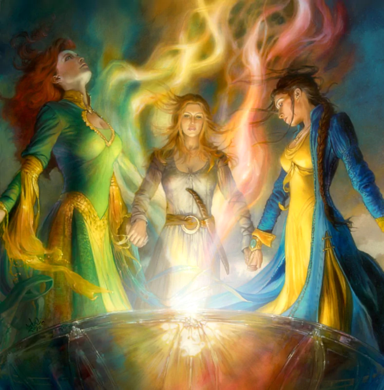 Three powerful figures in vibrant robes stand together, channeling energy in a fantasy setting. The oak tree and Gullfoss waterfall add mystique to this book cover illustration.